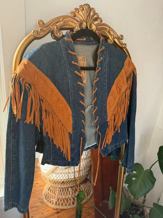 Vintage Frontier Denim Fringe Jacket in Brown Accent - Picture 1 of 5
